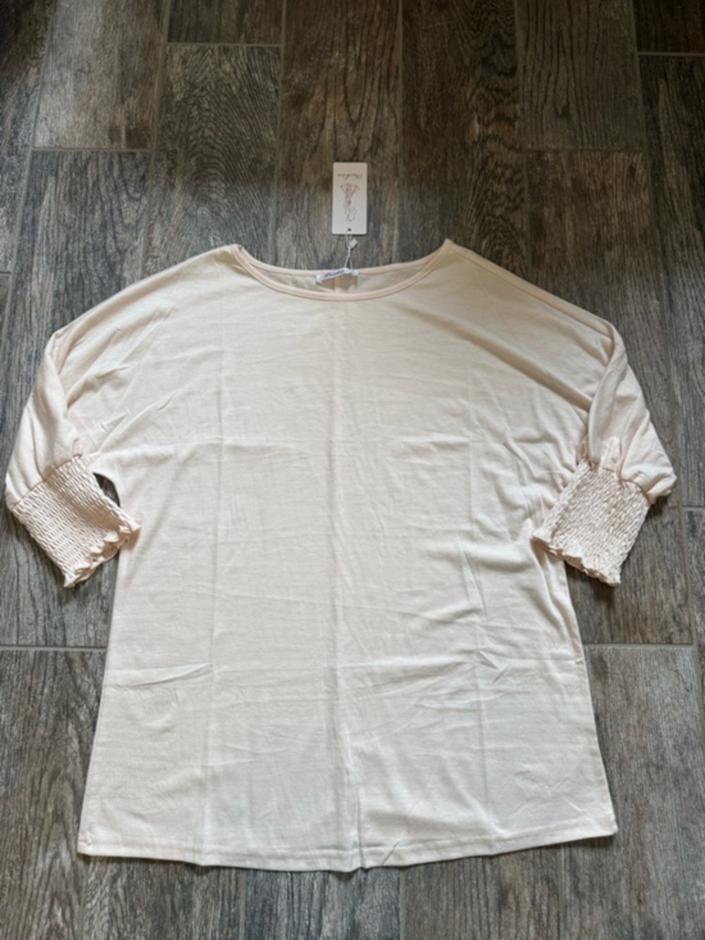 Fashion Light Cream Smocked-Cuff Short Sleeve Tee